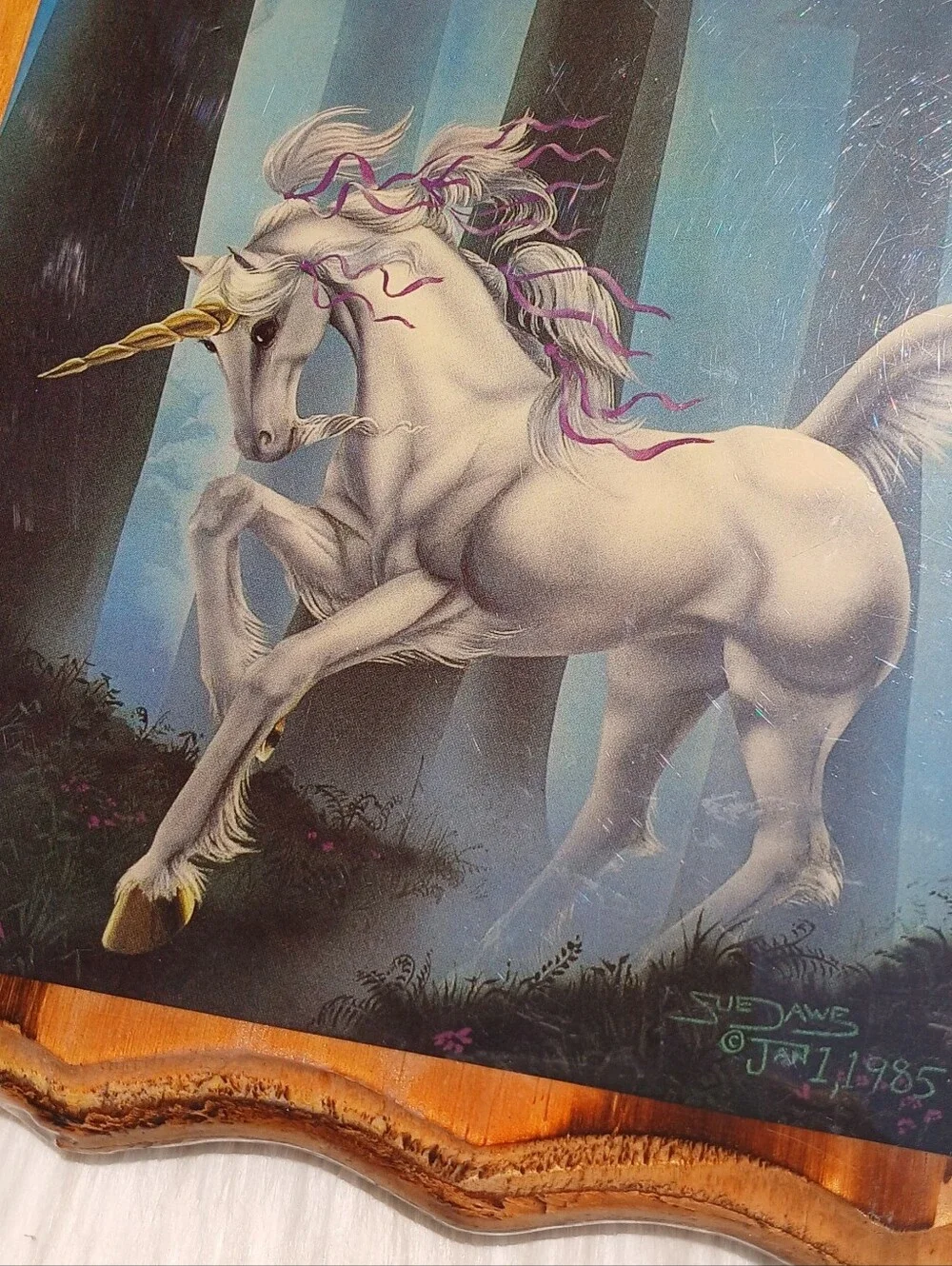 Vintage Sue Dawe Unicorn Wall Hanging Plaque Wood Fantasy Enchanted Forest 80s